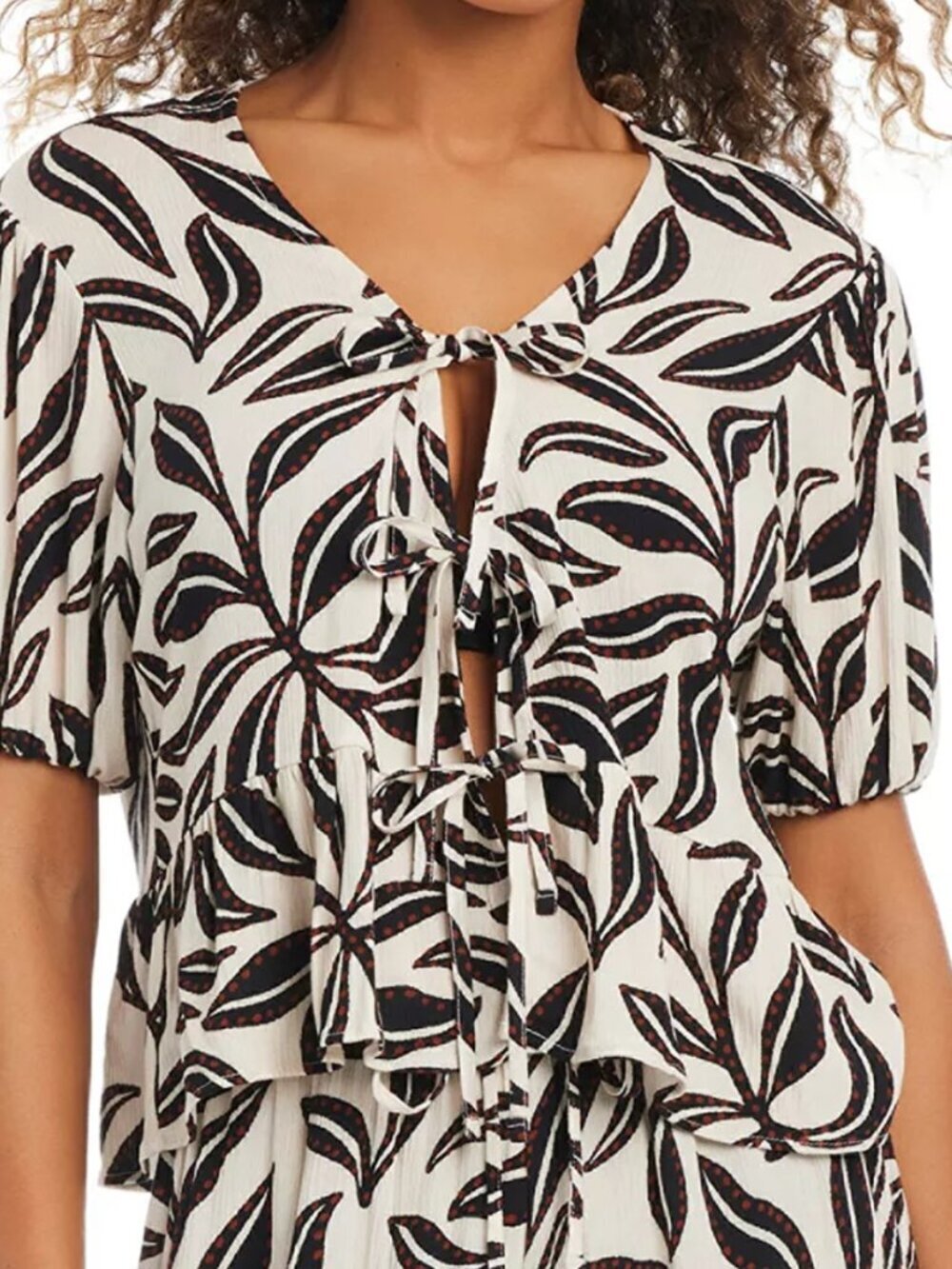 Bar III Womens Resort Daze Tie-Front Top Swim Cover-Up Black Cream Size M NWT